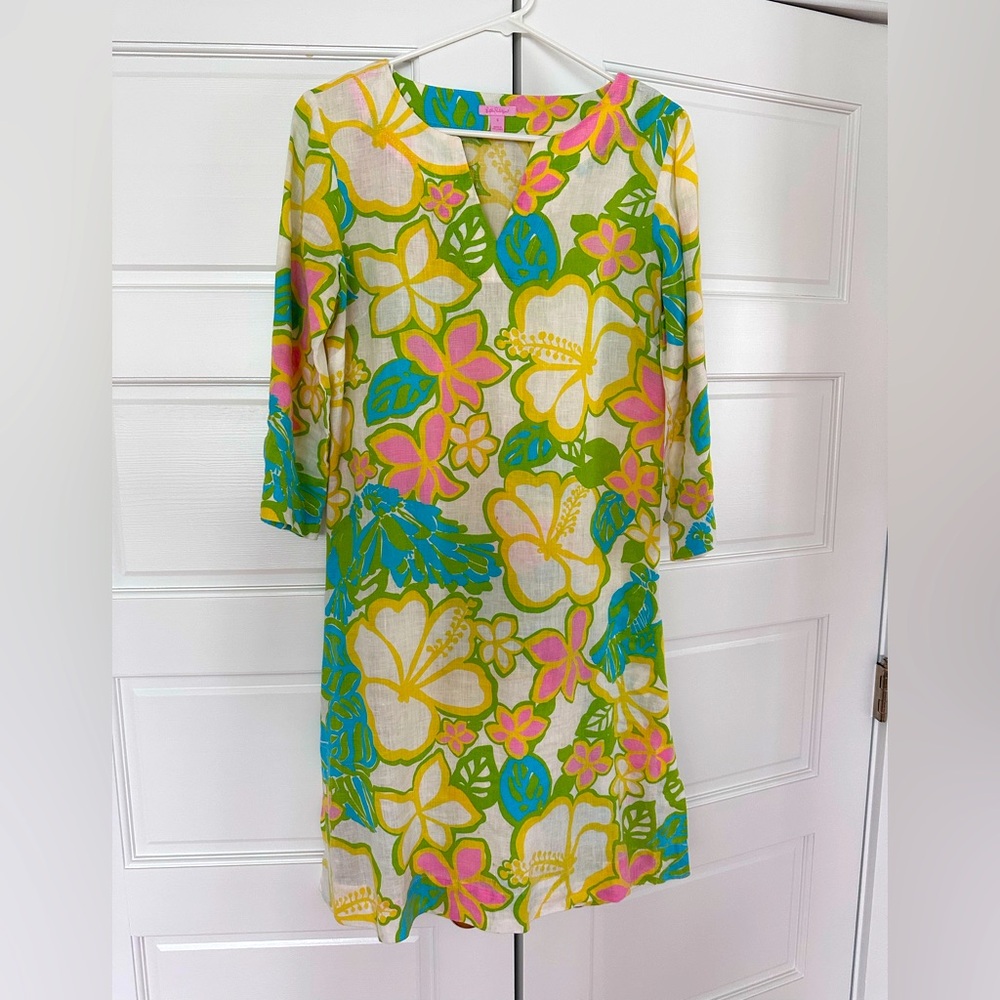 Lilly Pulitzer Linen Floral Print Tunic Dress-Small-Yellow/Pink/Green/Turquoise
